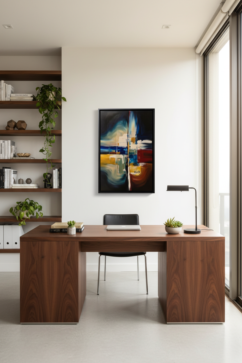Abstract painting in office with dark brown desk