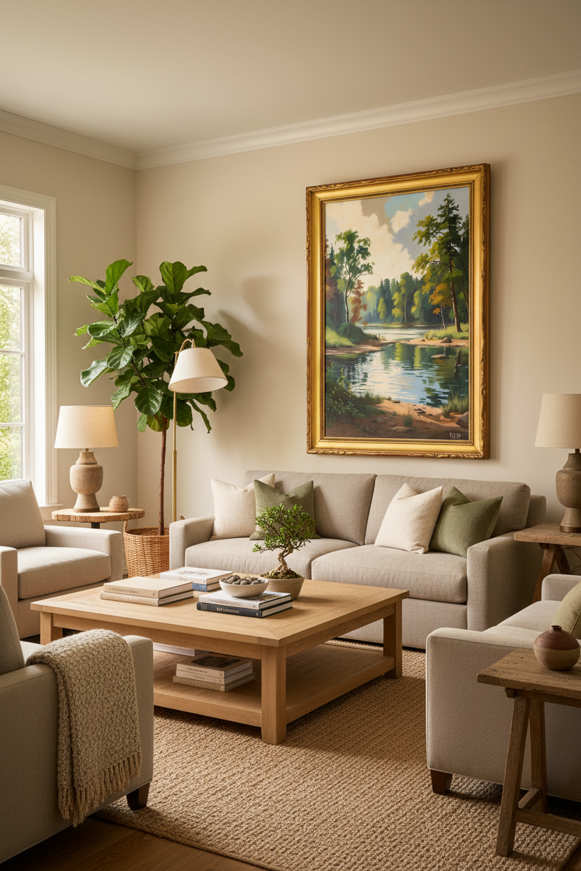 Forest lake in transitional living room